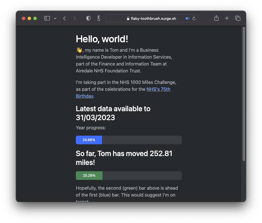 A screenshot of my distance tracking webpage.